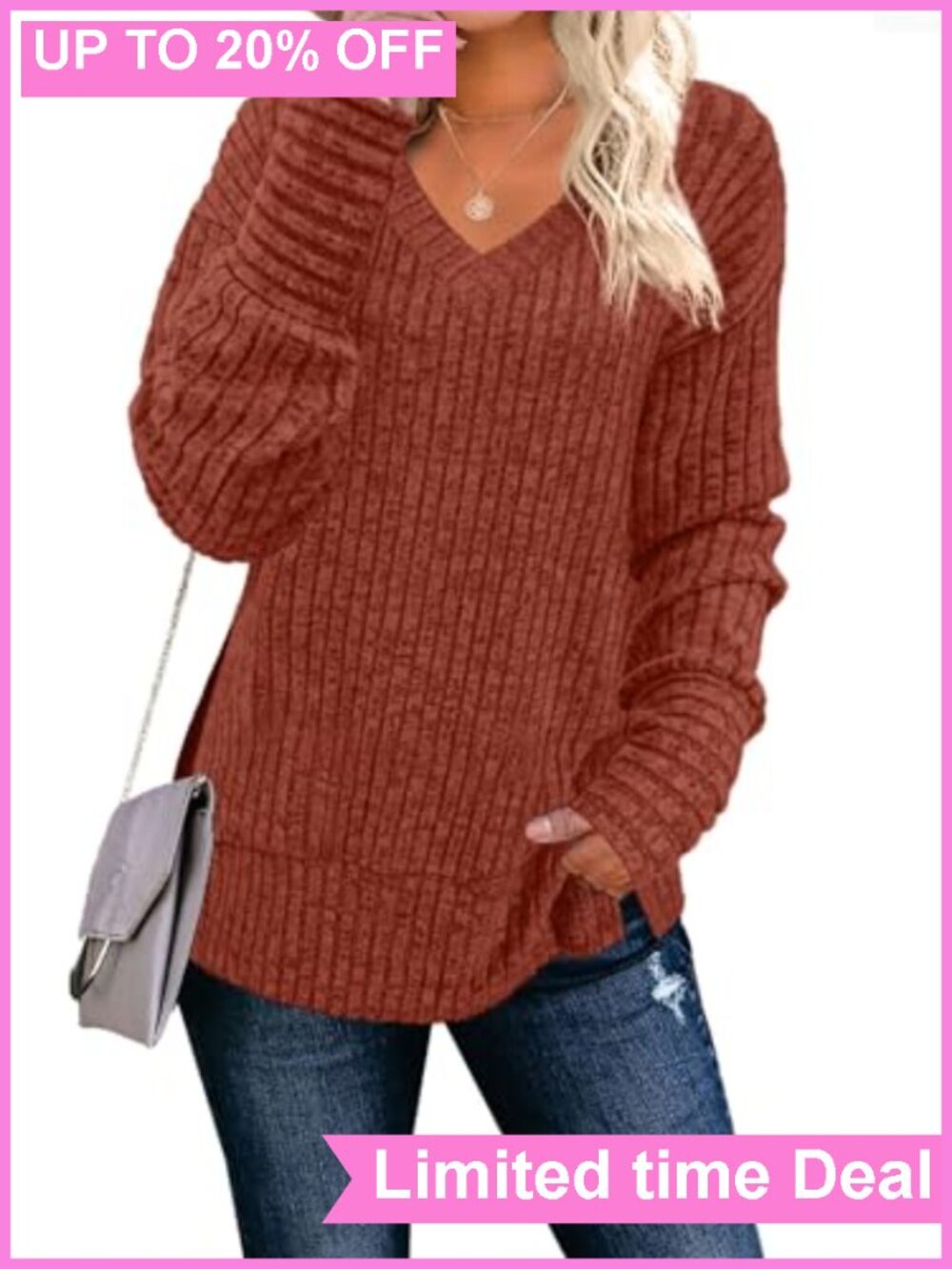 Womens Long Sleeve V Neck Sweater Loose Casual Pullover Top
